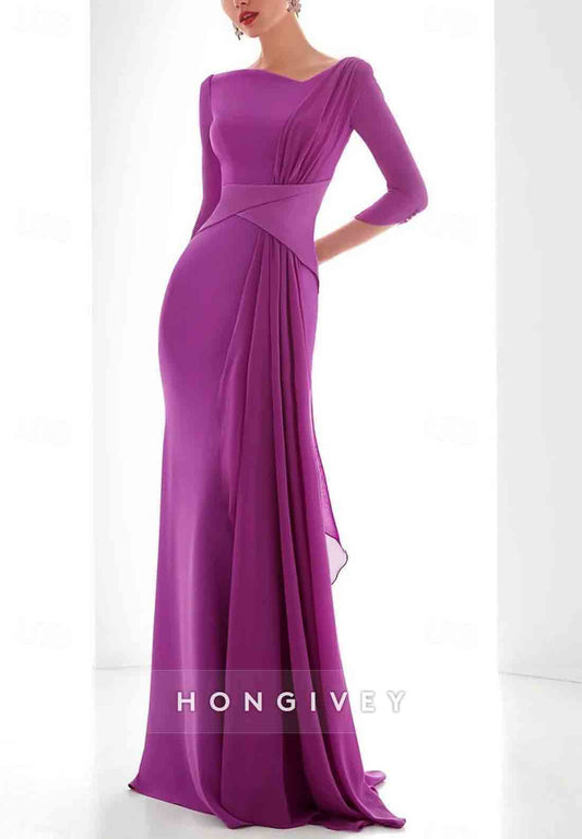 3/4 Sleeve A-Line Floor-Length Mother of the Bride Dress Side Draping Evening Gowns