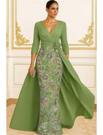 Flowers Floral Print 3/4 Sleeve Mermaid V-Neck Evening Dress