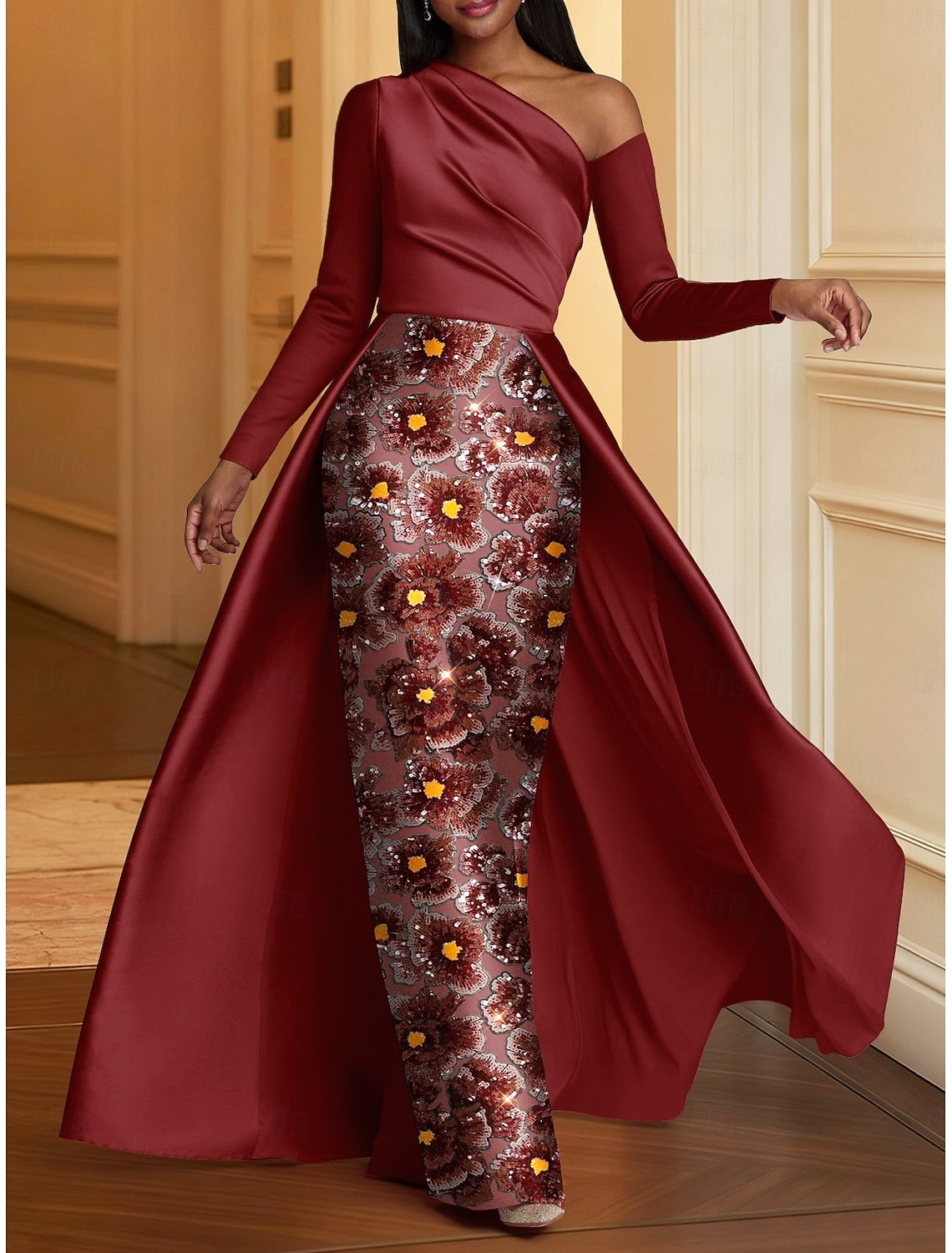 One Shoulder Long Sleeve Flowers Floral Print Mermaid Floor-Length Evening Dress