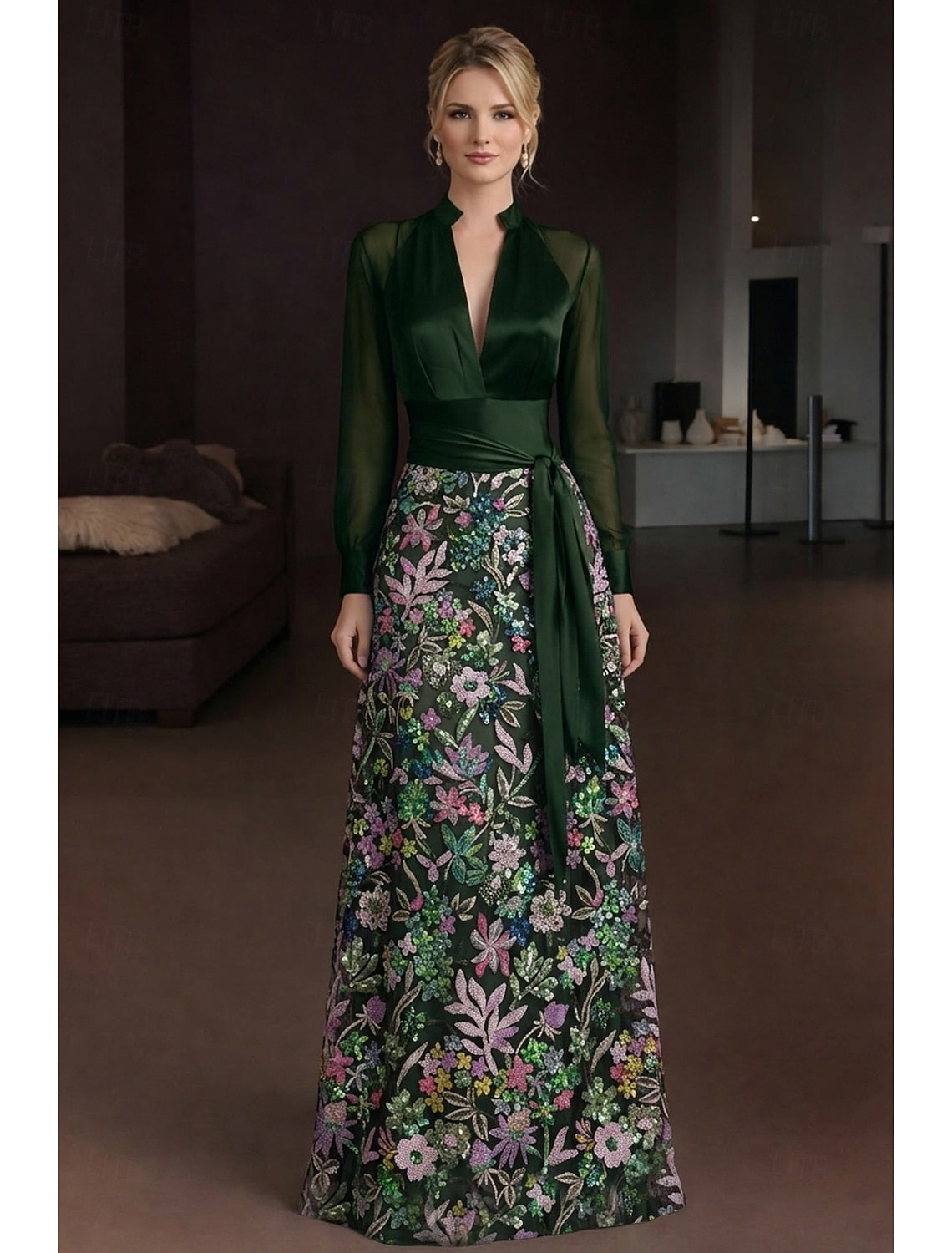 V-Neck Long Sleeve Sequins Sparkle Flowers Mermaid Mother of the Bride Dress