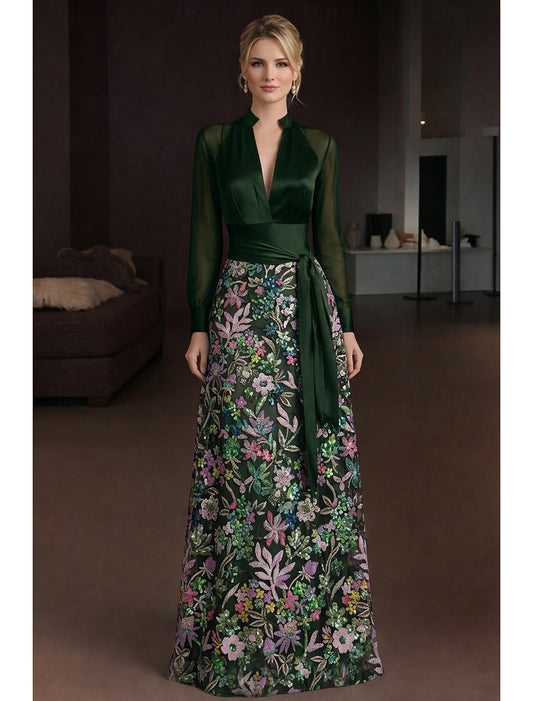 V-Neck Long Sleeve Sequins Sparkle Flowers Mermaid Mother of the Bride Dress