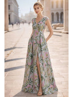A-Line V-Neck Sleeveless Flowers Floral Print Side Slit Evening Dress