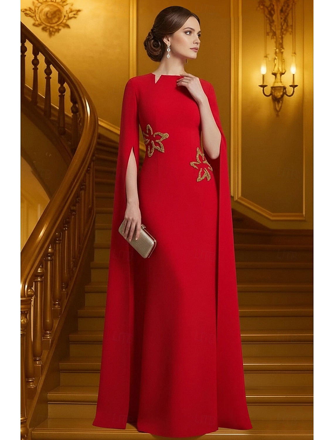 Red Cape Long Sleeve Mermaid Applique Floor-Length Evening Dress