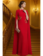 Red Cape Long Sleeve Mermaid Applique Floor-Length Evening Dress