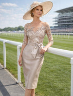 Bow 3/4 Sleeve Applique Mermaid Knee-Length Evening Dress