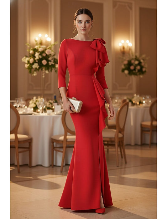 3/4 Sleeeve Mermaid Ruched Floor-Length Formal Women Evening Dress