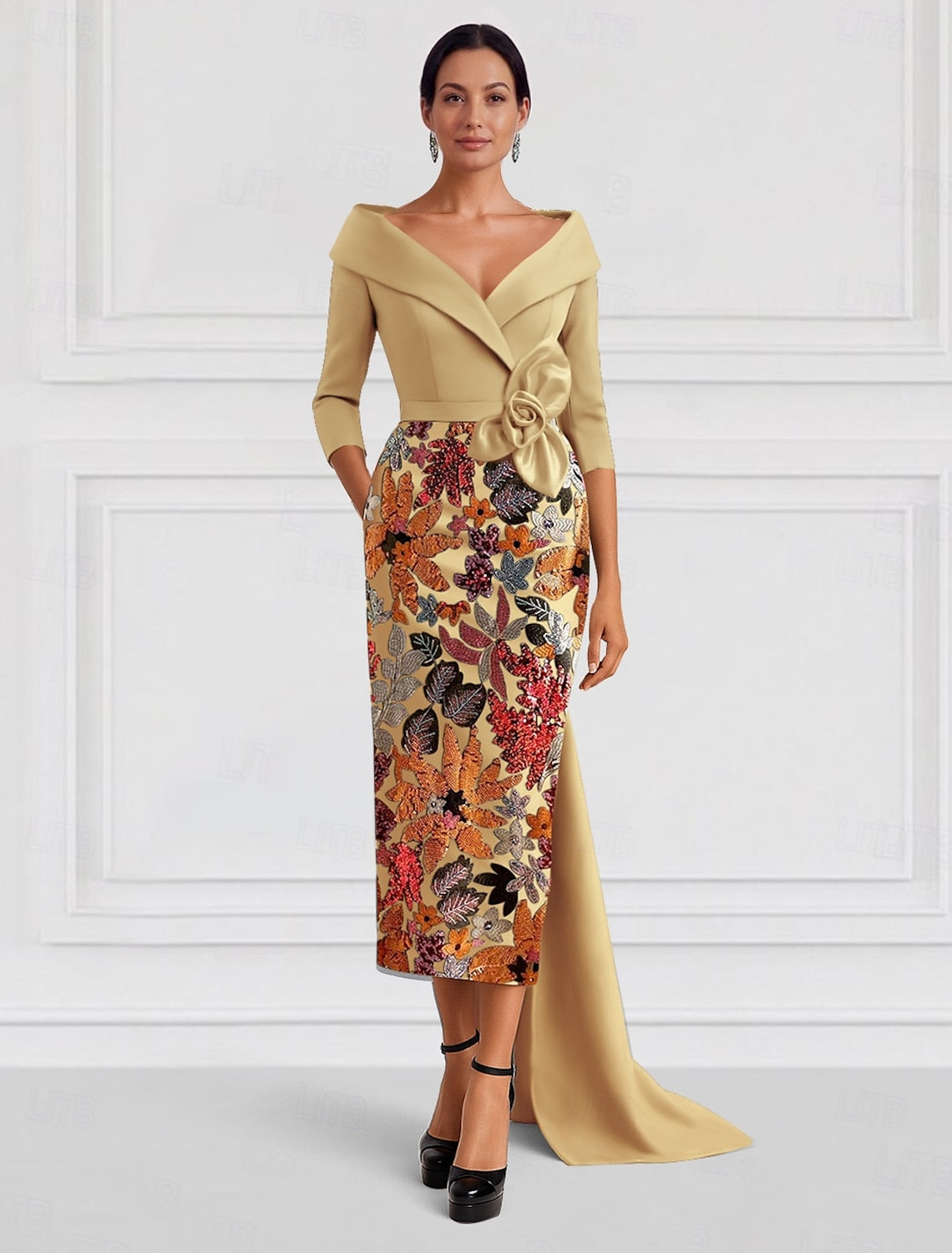 Tea-Length V-Neck 3/4 Sleeve Mermaid Flower Evening Dress Sparkle