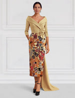 Tea-Length V-Neck 3/4 Sleeve Mermaid Flower Evening Dress Sparkle