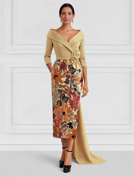 Tea-Length V-Neck 3/4 Sleeve Mermaid Flower Evening Dress Sparkle