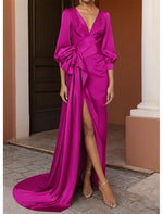 Ruched V-Neck 3/4 Sleeve Mermaid Floor-Length Side Slit Evening Dress