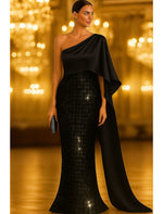Mermaid Floor Length with Cape Evening Gown Formal Dress Elegant Sparkle Silky Sleeveless One Shoulder Formal Wedding Capes Satin Sequined with Glitter Sequin