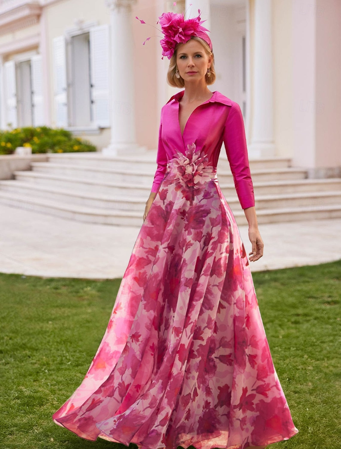 Fuchsia V-Neck Long Sleeve Floral Print Flowers A-Line Mother of the Bride Dress