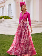 Fuchsia V-Neck Long Sleeve Floral Print Flowers A-Line Mother of the Bride Dress