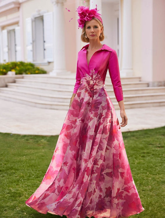 Fuchsia V-Neck Long Sleeve Floral Print Flowers A-Line Mother of the Bride Dress
