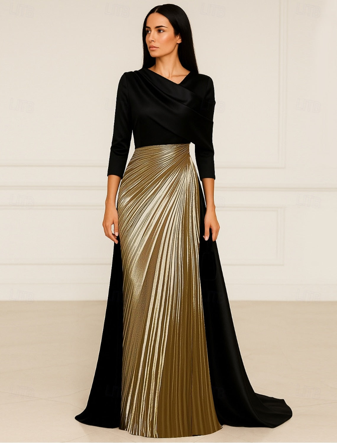 Black 3/4 Sleeve Mermaid Floor-Length Ruched Evening Dress Formal