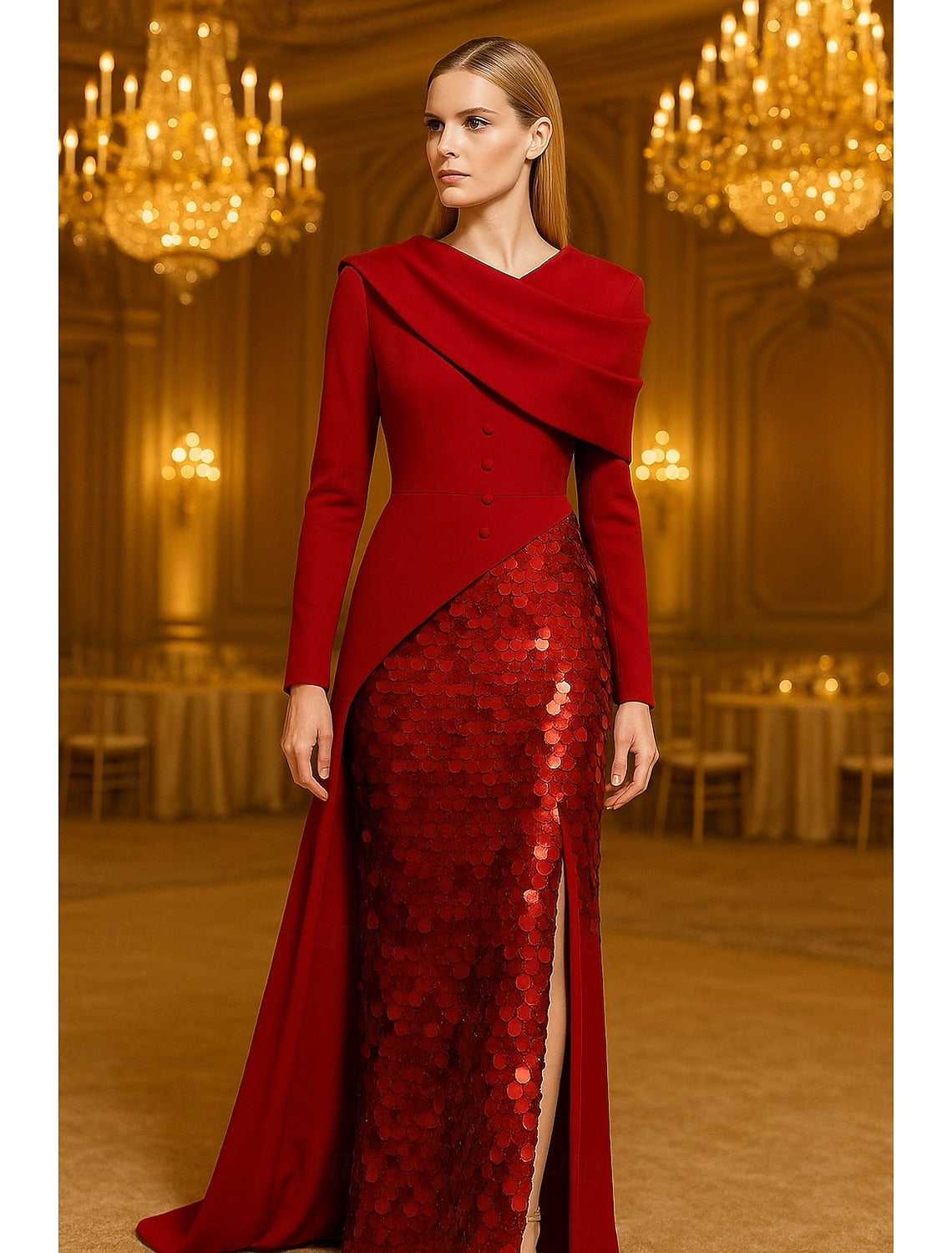 Long Sleeve Sequins Sparkle Mermaid Side Slit Button Eevning Dress