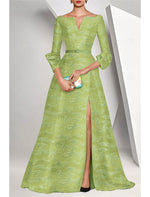 Flowers Floral Print 3/4 Sleeve A-Line Side Slit Floor-Length Evening Dress