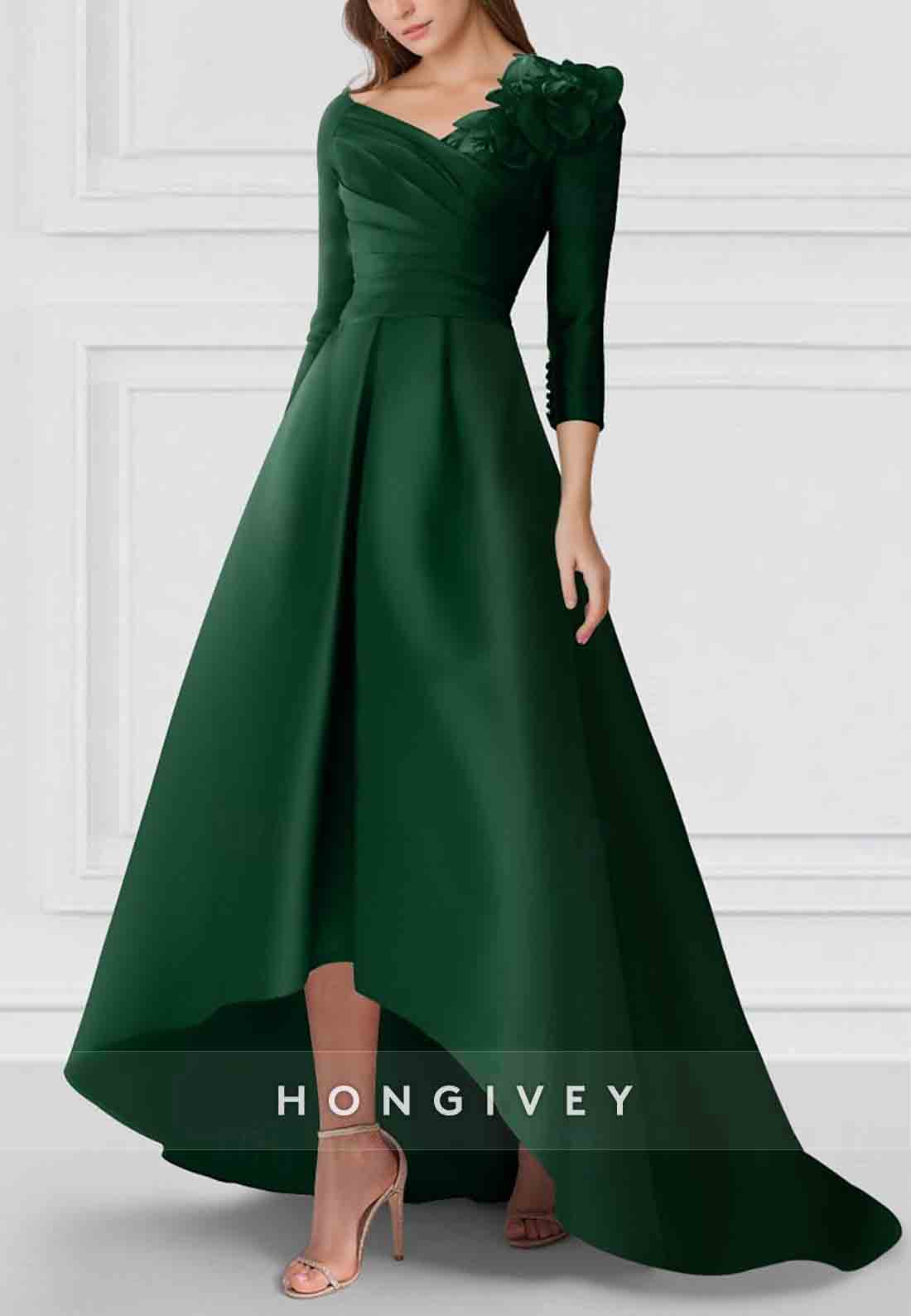 Asymmetrical Satin Wedding Guest Dark Green 3/4 Sleeve Shoulder Evening Gowns