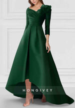Asymmetrical Satin Wedding Guest Dark Green 3/4 Sleeve Shoulder Evening Gowns