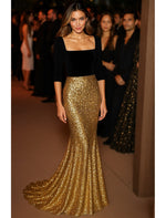 Trumpet Floor Length Half Sleeve Square Neck Sequined with Glitter Evening Gown