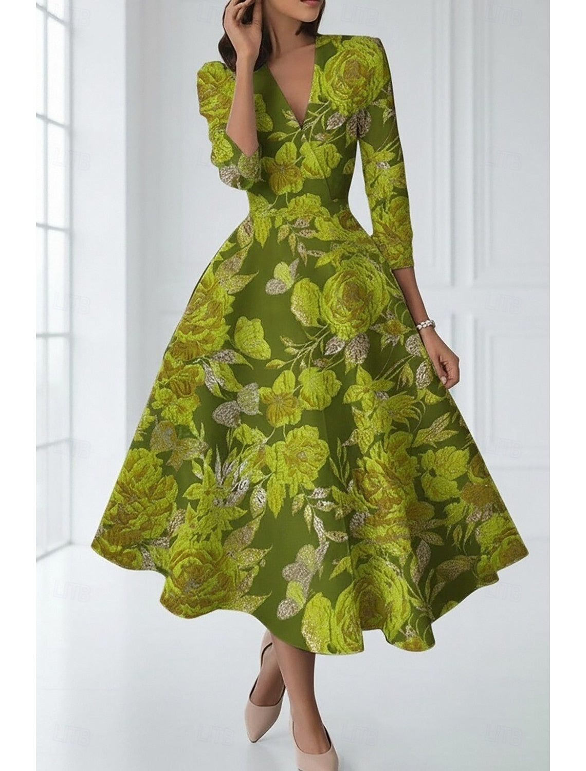 Green Floral Print V-Neck 3/4 Sleeve A-Line Tea-Length Evening Dress