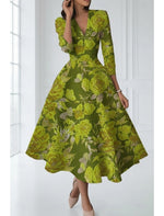 Green Floral Print V-Neck 3/4 Sleeve A-Line Tea-Length Evening Dress
