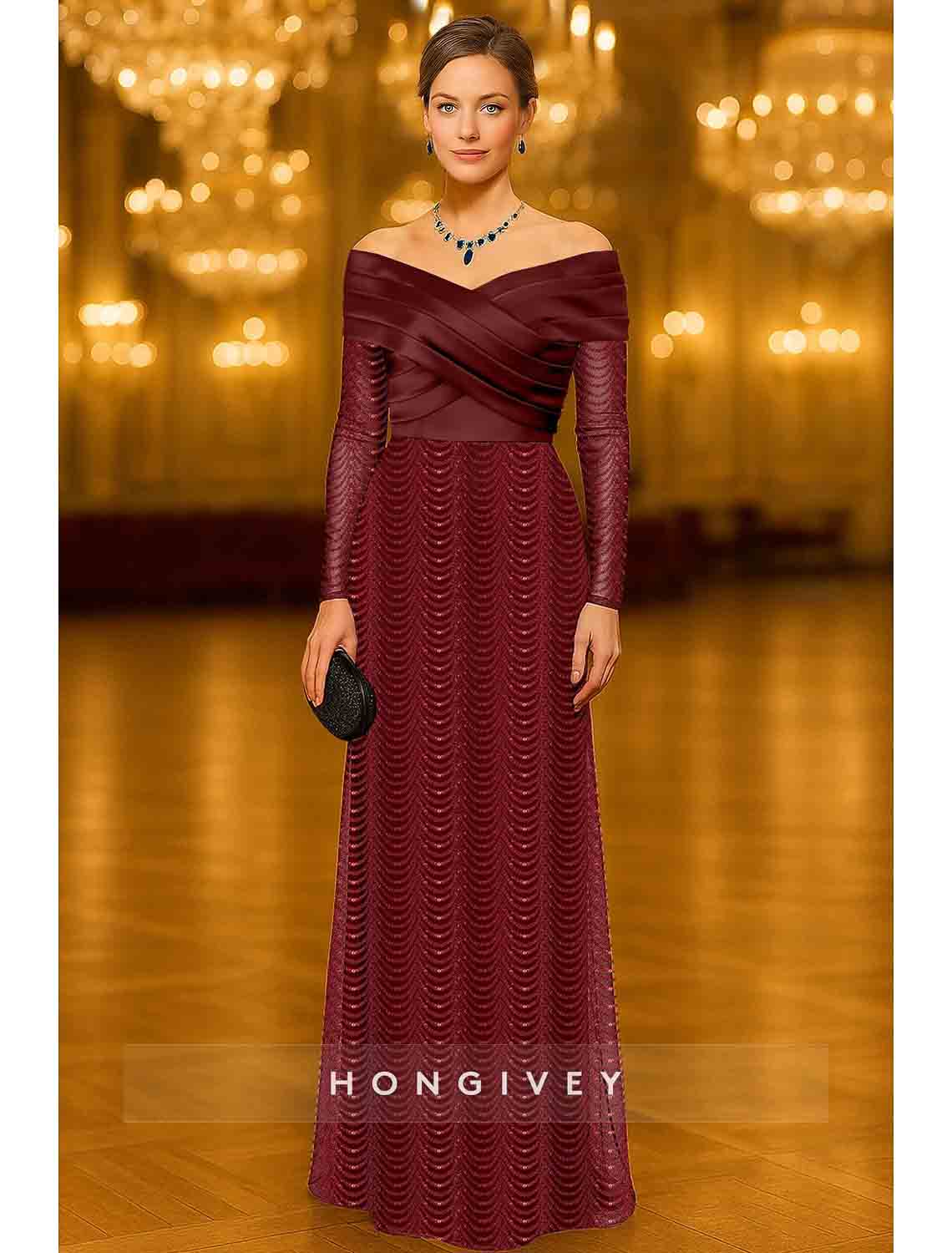 Red Off the Shoulder Long Sleeve A-Line Evening Dress