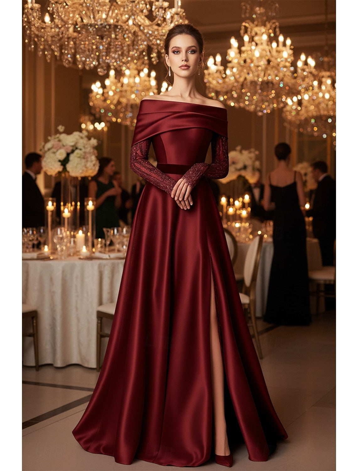 A-Line Side Slit Off the Shoulder Long Sleeve Formal Evening Dress