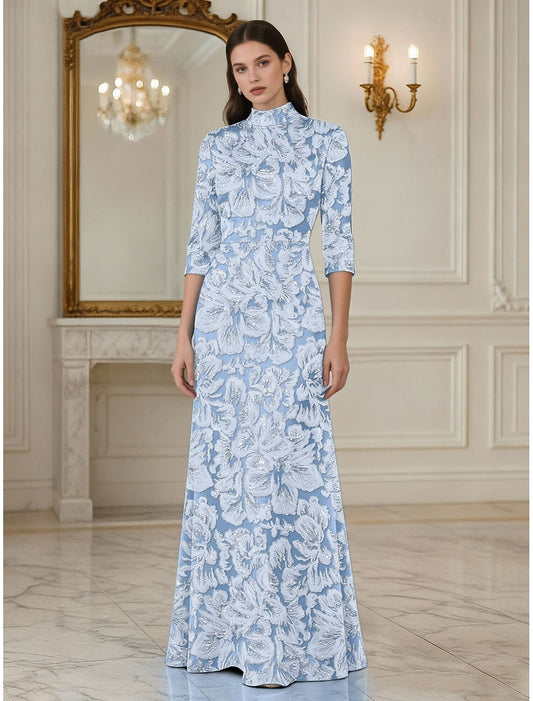 High Neck 3/4 Sleeve Flowers Floral Print Mermaid Evening Dress