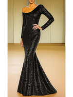 One Shoulder Long Sleeve Sequins Sparkle Mermaid Floor-Length Evening Dress