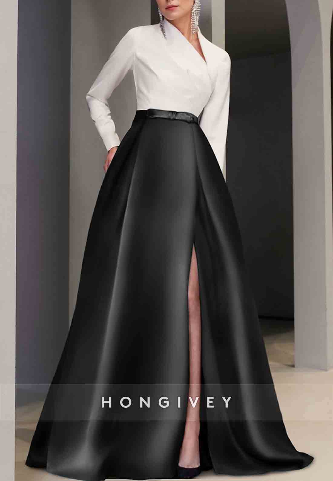 Long Sleeve Satin A-Line V Neck Pocket Floor-Length Evening Gown with Slit
