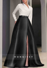 Long Sleeve Satin A-Line V Neck Pocket Floor-Length Evening Gown with Slit
