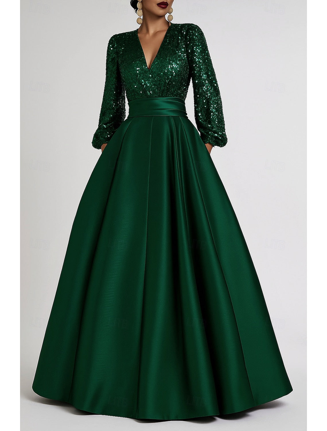 A-Line Floor Length Evening Gown Formal Dress Elegant Glittering Silky Long Sleeve V Neck Formal Wedding Pocket Satin Sequined with Glitter Pleats Pocket