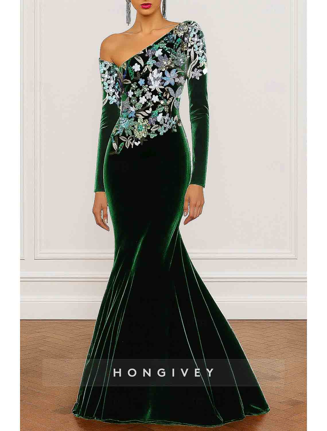 One Shoulder Mermaid Long Sleeve Appliqued Evening Dress