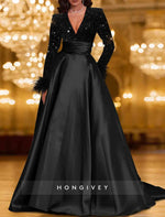 Sequins V-Neck Long Sleeve A-Line Evening Dress