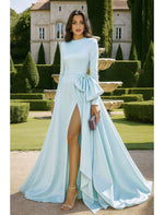 Women Long Sleeve High Neck A-Line Side Slit Evening Dress Floor-Length