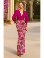 V-Neck Long Sleeve Flowers Floral Print Mermaid Evening Dress