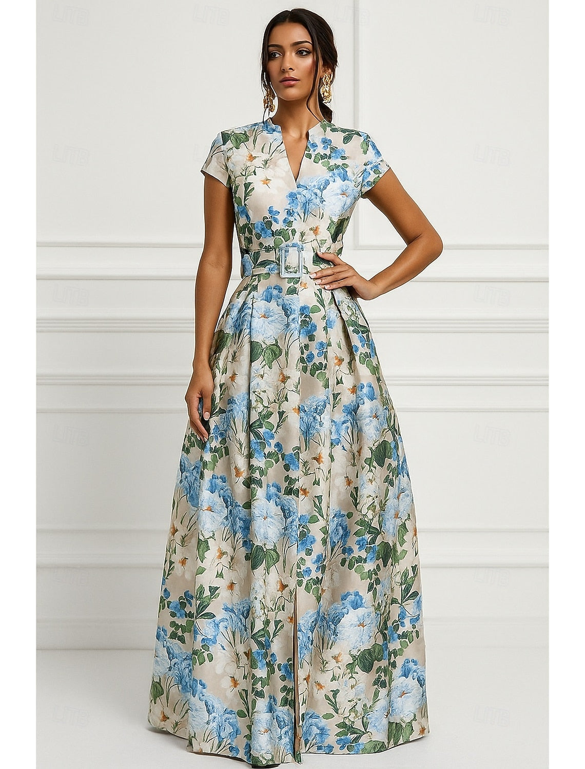 Elegant Blue Floral Print A-Line Floor-Length Evening Dress Slde