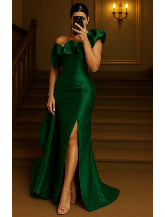 Satin One Shoulder Prom Dresses Trumpet Evening Gown with Ruffles