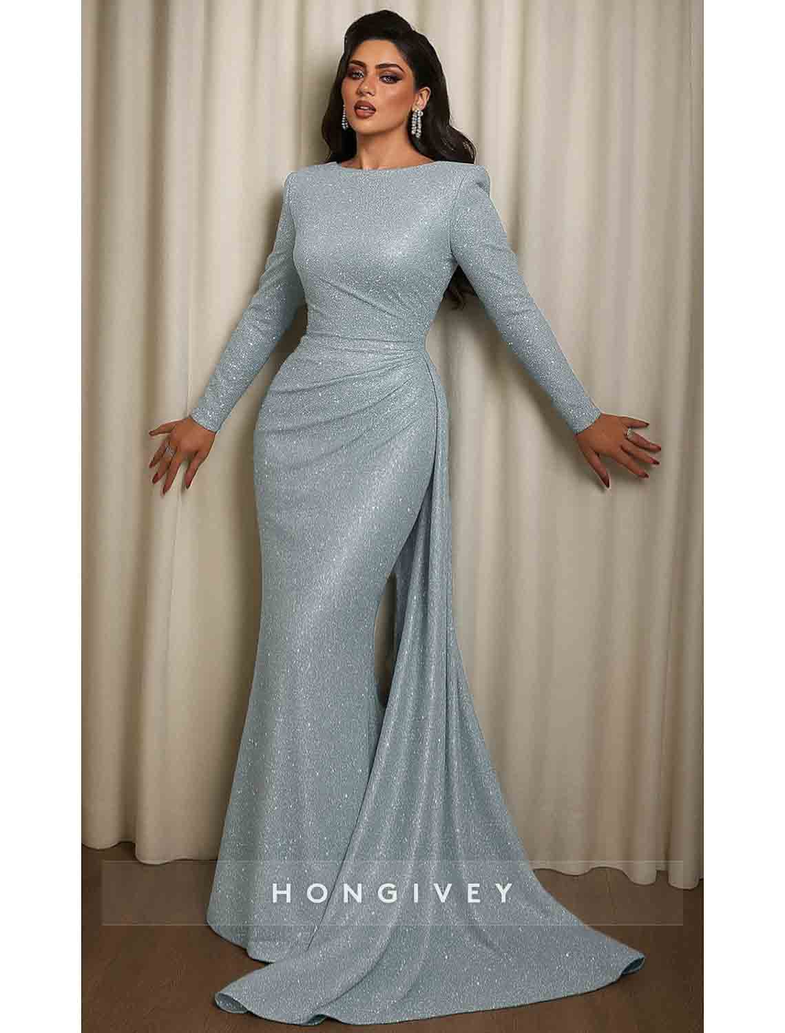 Long Sleeve Sequins Lace Evening Dress Sparkling Mermaid