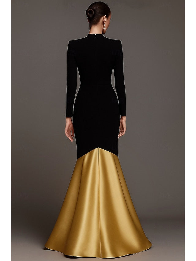 Black V-Neck Long Sleeve Mermaid Floor-Length Women Evening Dress