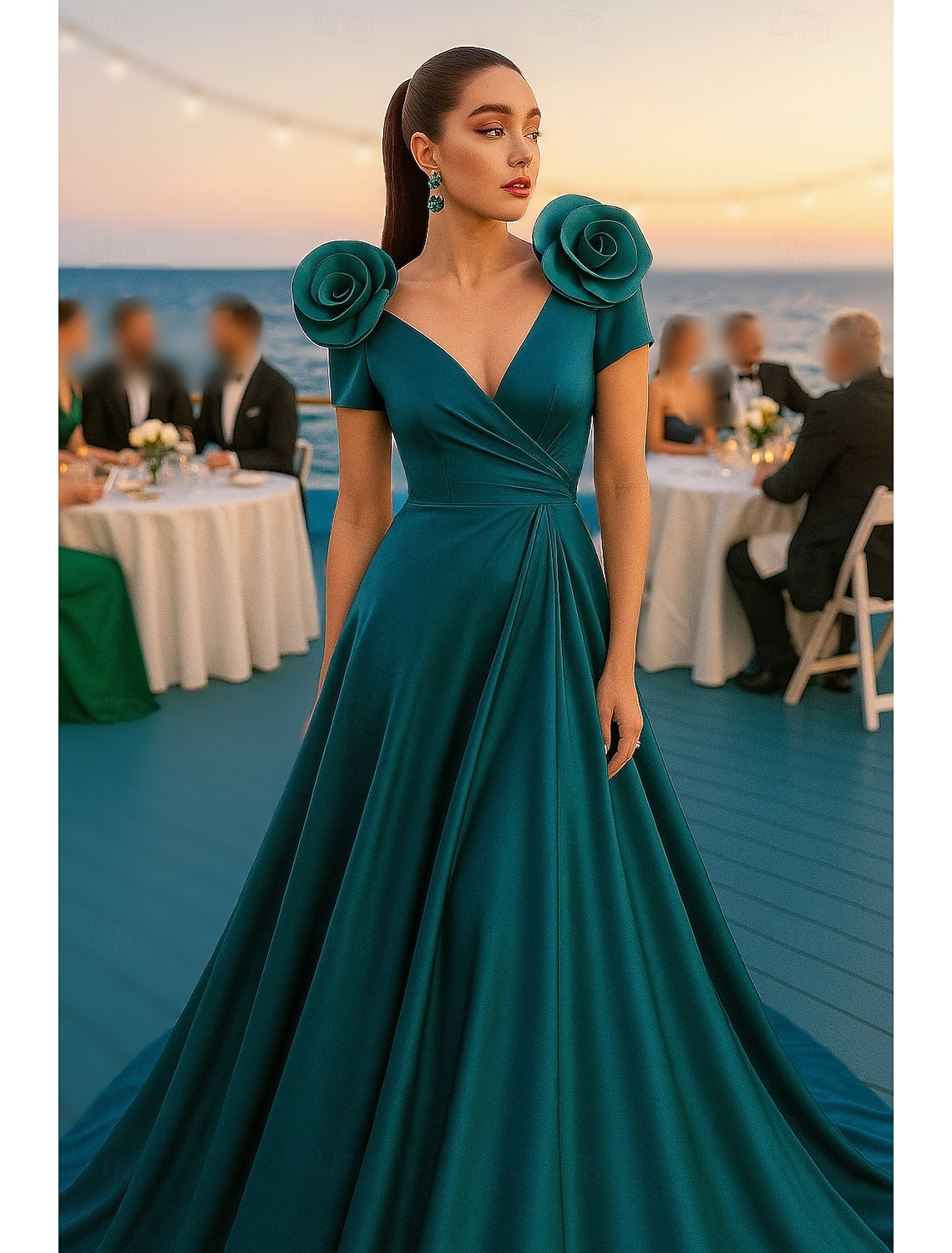 V-Neck Half-Sleeve Flowers A-Line Floor-Length Backless Evening Dress