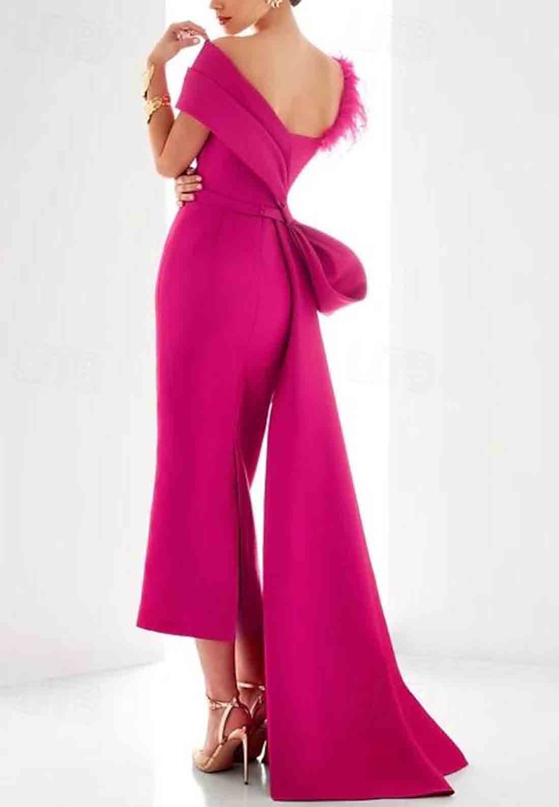 Satin Sheath Side Draping Evening Gown with Feather and Bow(s)