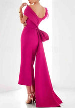 Satin Sheath Side Draping Evening Gown with Feather and Bow(s)