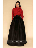 A-Line Floor Length Evening Gown Elegant Silky Long Sleeve High Neck Pocket Satin Stretch Satin with Bow