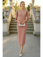 V-Neck Long Sleeve Mermaid Tea-Length Formal Evening Dress