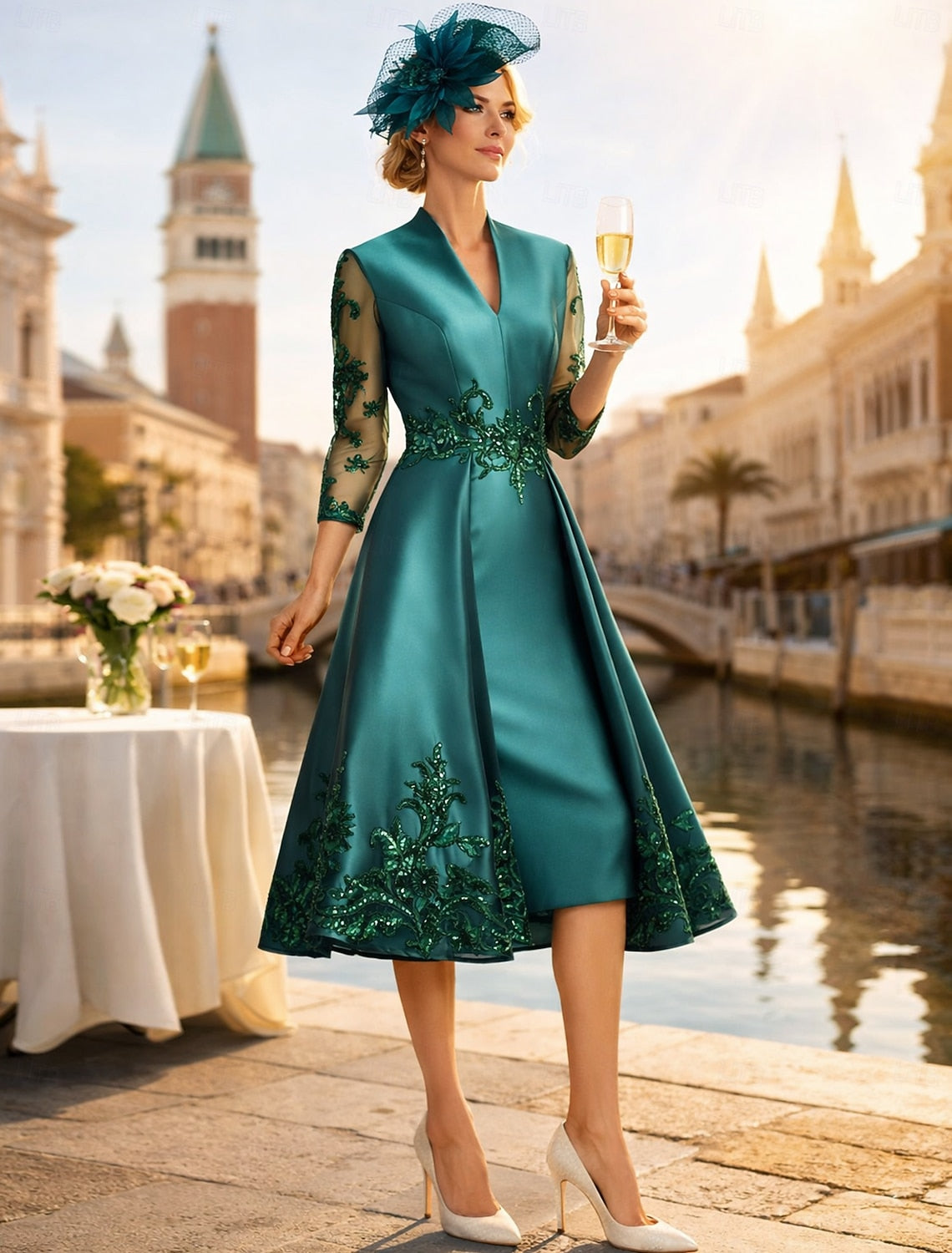 V-N eck 3/4 Sleeve Applique A-Line Knee-Length Evening Dress