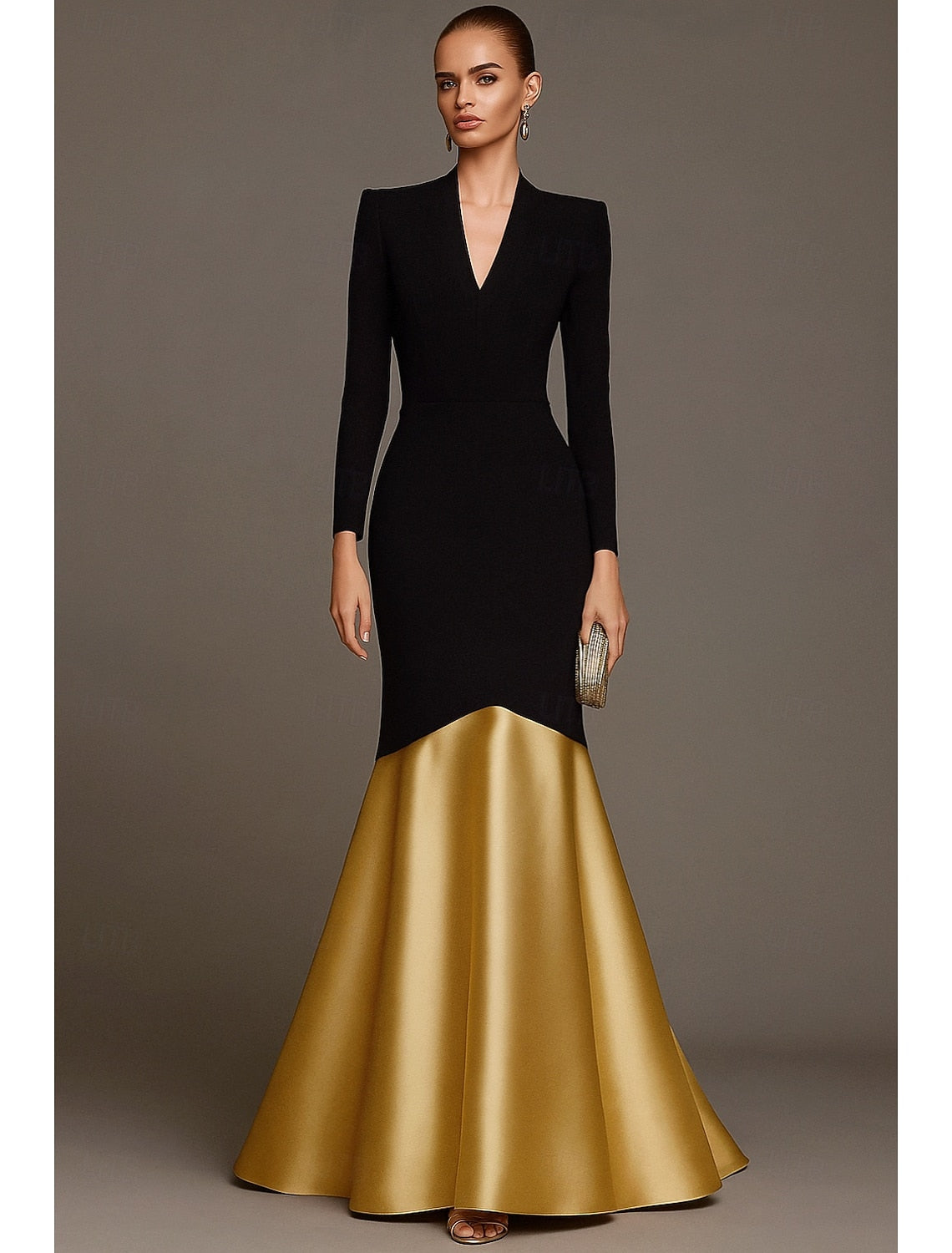 Black V-Neck Long Sleeve Mermaid Floor-Length Women Evening Dress