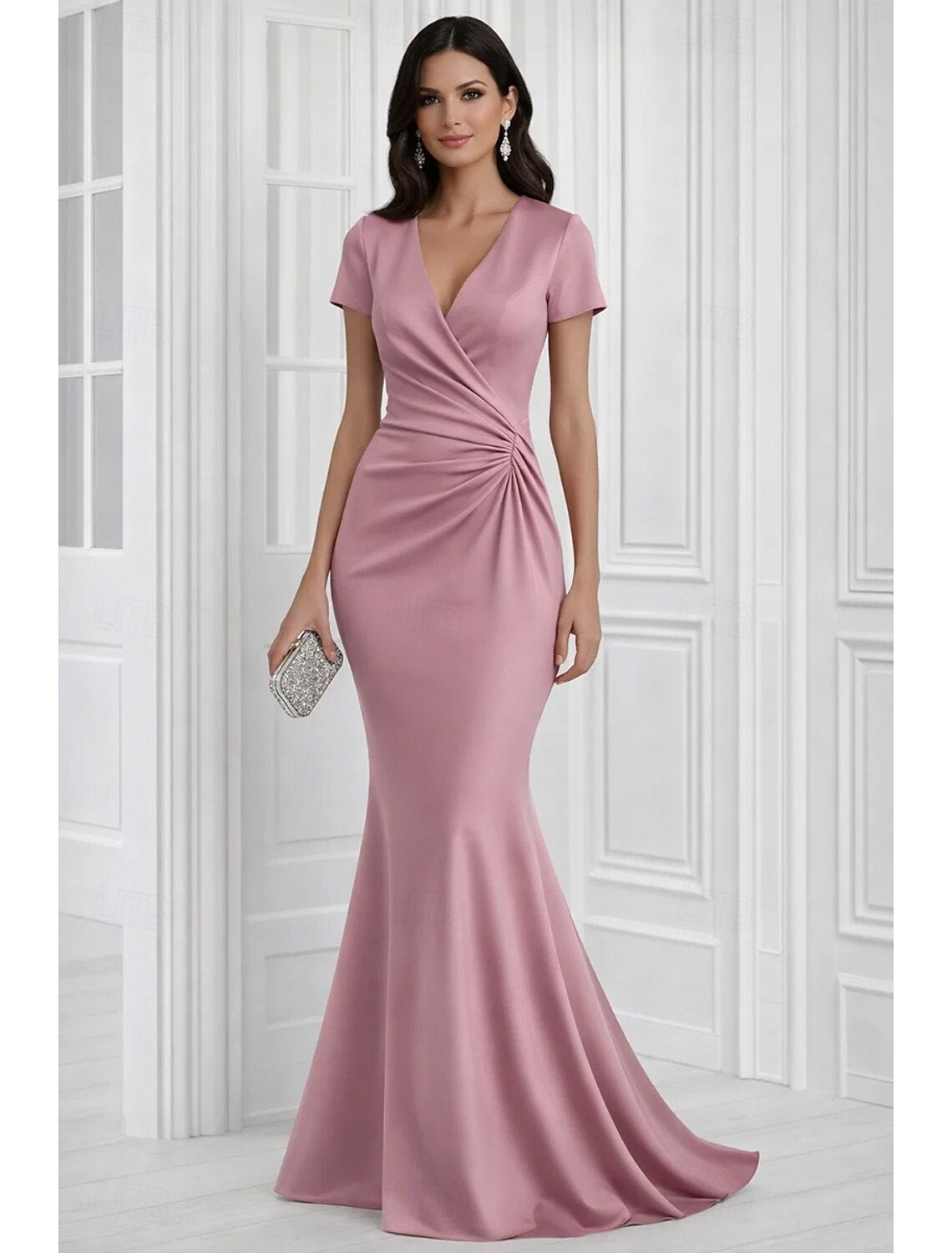 Simple V-Neck Half Sleeve Mermaid Evening Gown Mother of the Bride Dress