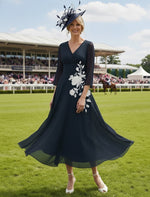 V-Neck Long Sleeve A-Line Applique Ankle-Length Evening Dress